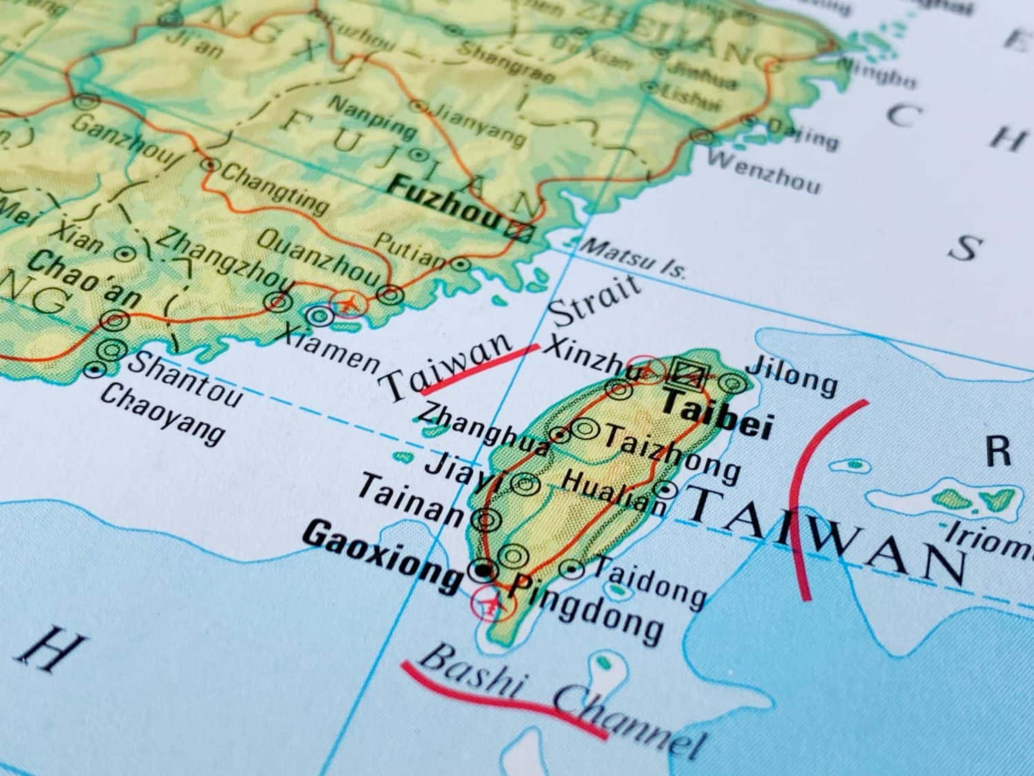 Map of Taiwan and the Taiwan Strait, suitable to illustrate travel destinations, tourism, world trade, politics and economy themes