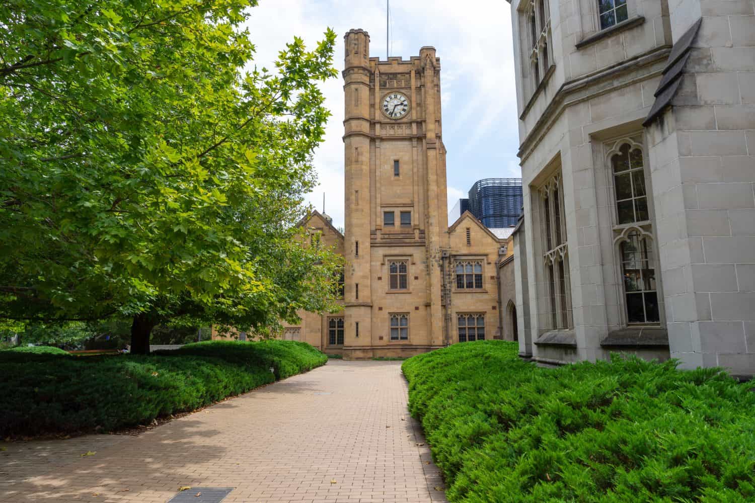 Magnificent architecture of Old Arts University of Melbourne from South Lawn, Australia