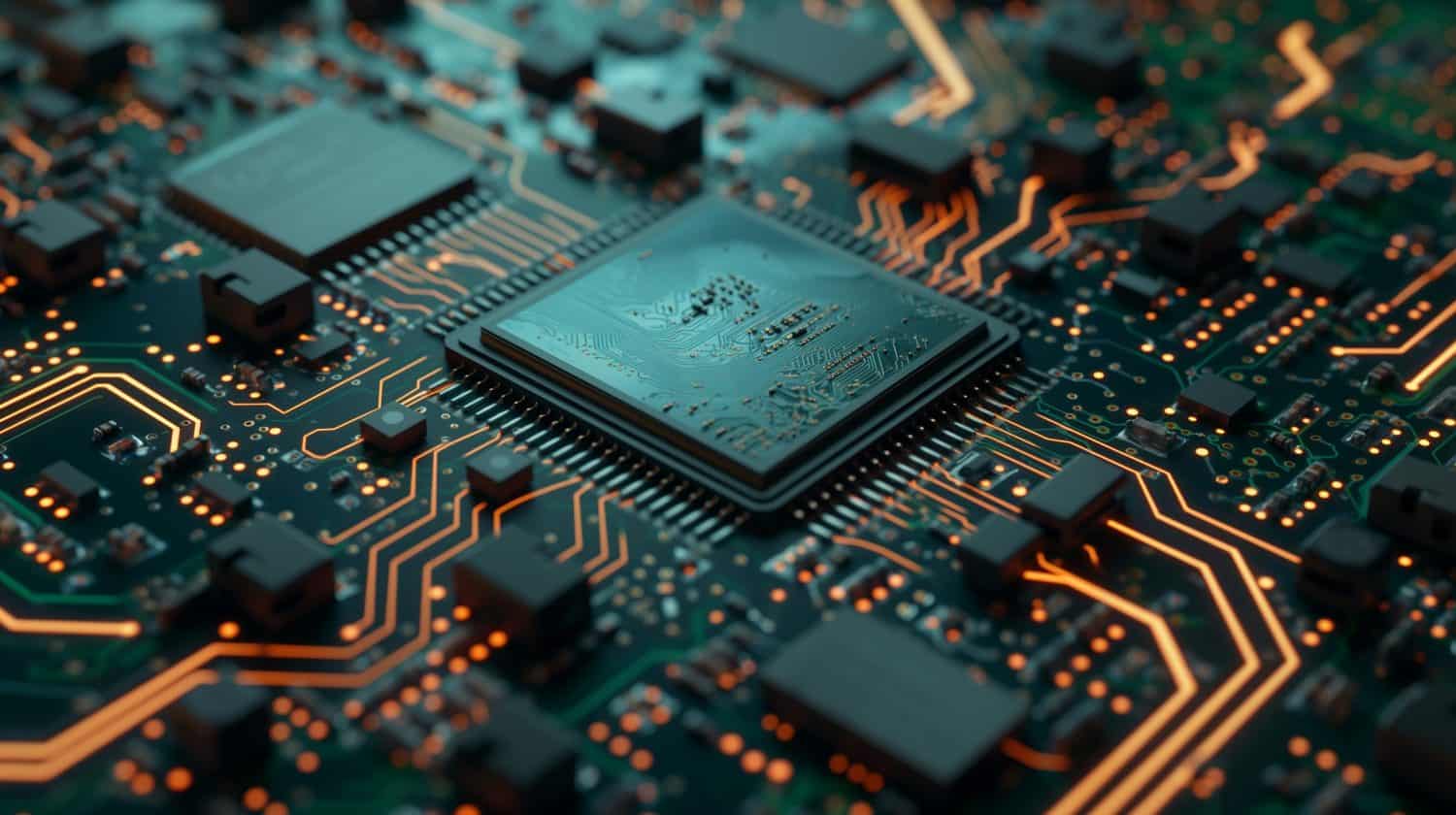 A close-up view of a computer circuit board featuring a central processing unit (CPU) surrounded by various electronic components and intricate wiring.