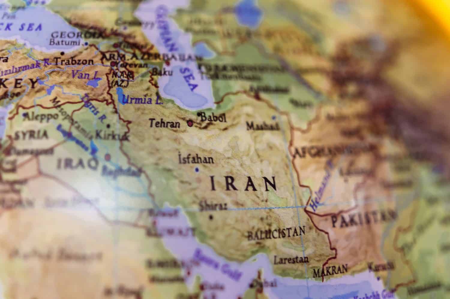 Map of Iran.Middle-East Countries. Detail from the World Atlas. Selective focus.