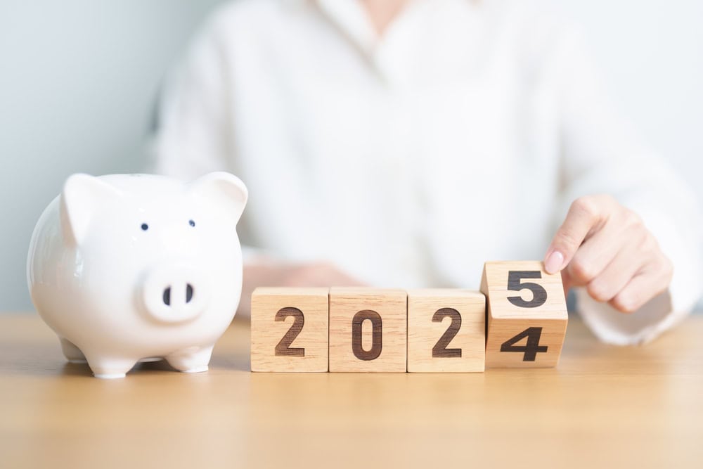 2024 end year to Happy New Year 2025 with piggy bank. Resolution, Goals, Plan, Action, Money Saving, Retirement fund, Pension, Investment and Financial concept