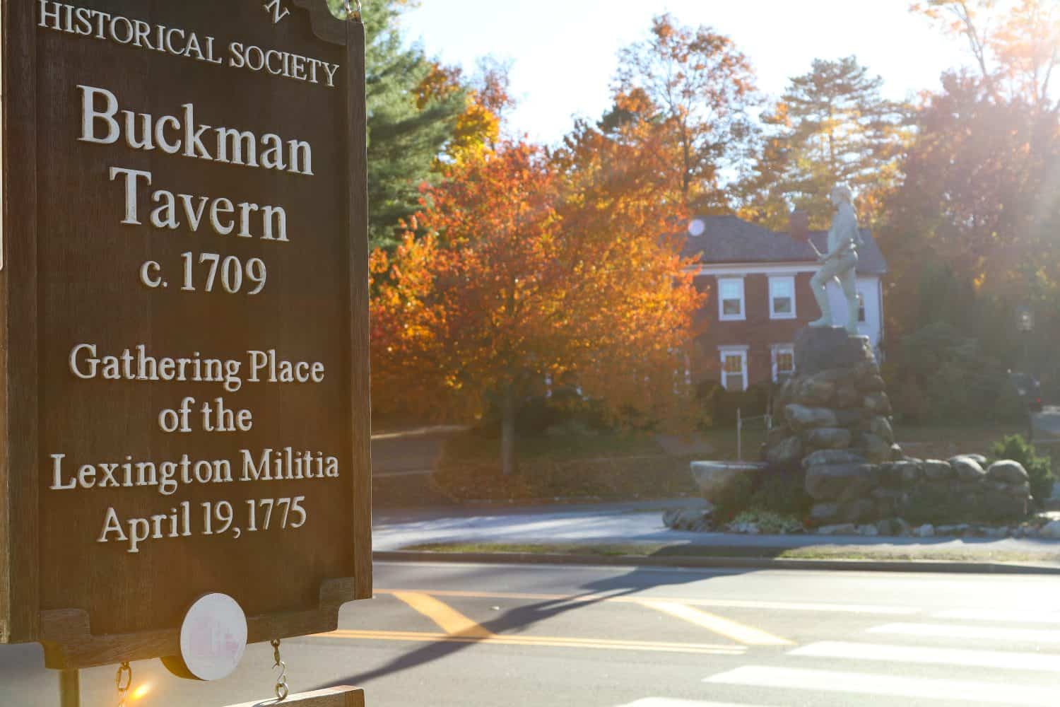 Buckman Tavern Sign - Minuteman Statue - Lexington Battle Green - Lexington Massachusetts, October 2024.