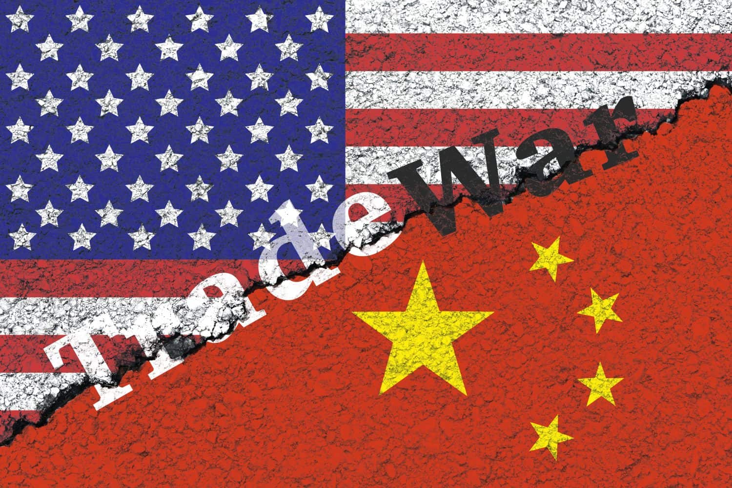 New trade war between the United States and China, various tariffs, illustration of American and Chinese flags facing each other, trade war concept