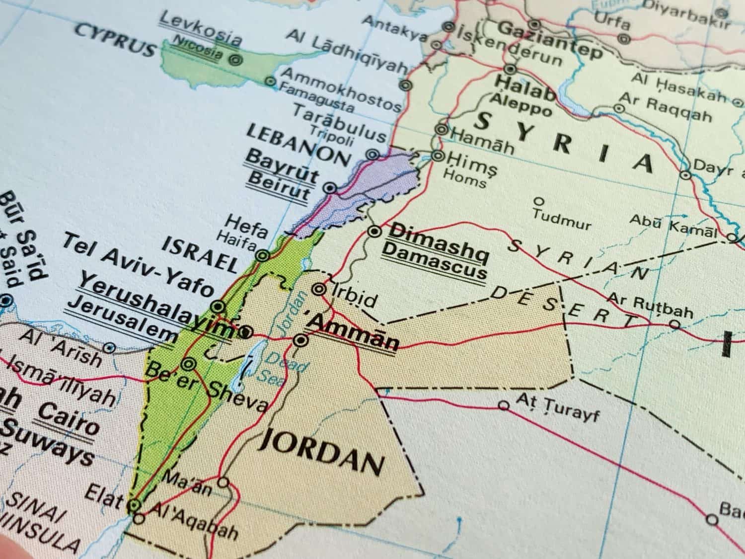 Israel, Jordan, Syria, Lebanon, an atlas map from a world atlas, published in 1982, suitable to illustrate travel destinations, tourism background, world trade, politics and economy