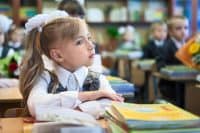 Schoolgirl with folded hands sitting at school desk at lesson, copyspace