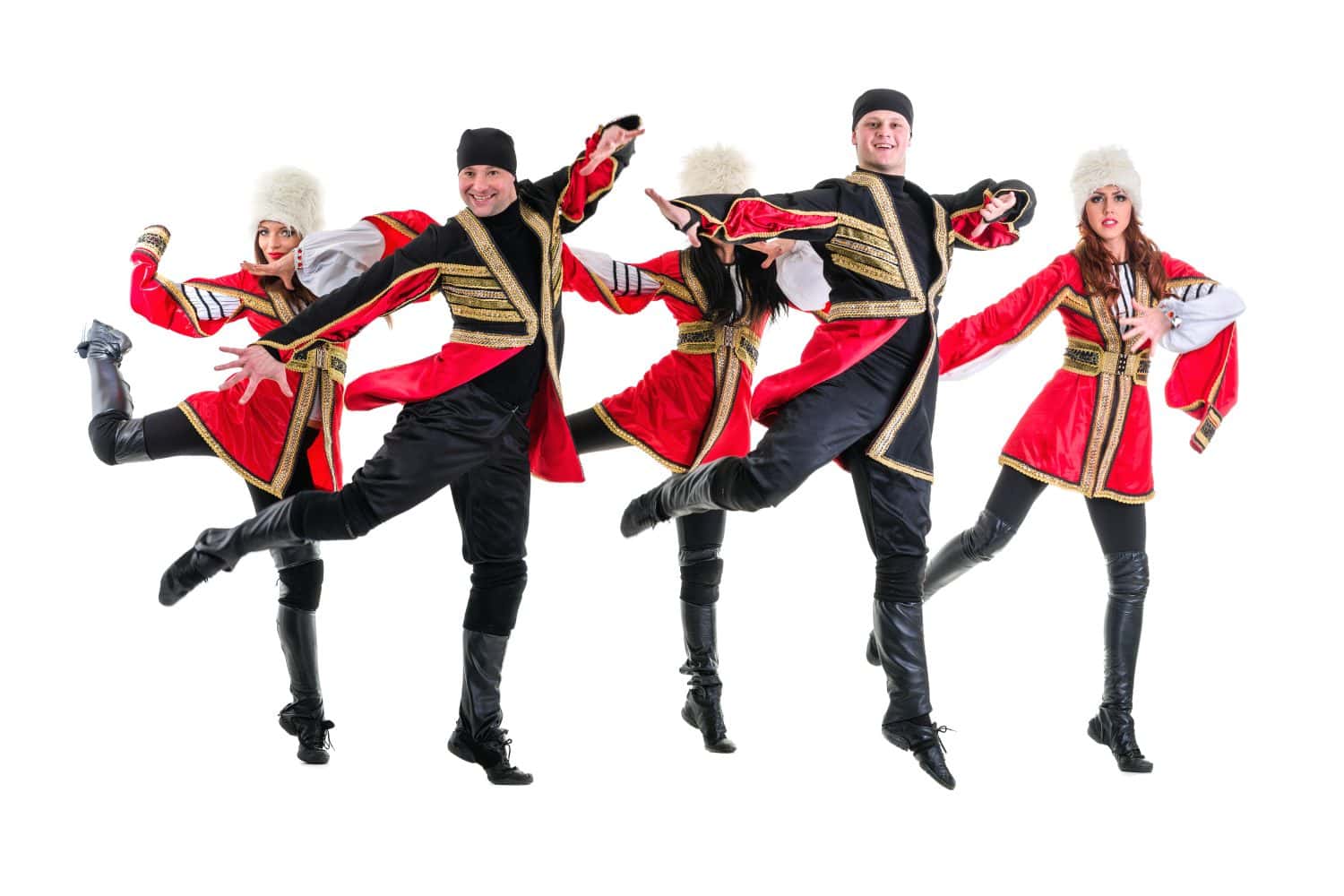 Dancer team wearing a folk Caucasian highlander costumes dancing. Isolated on white background in full length.