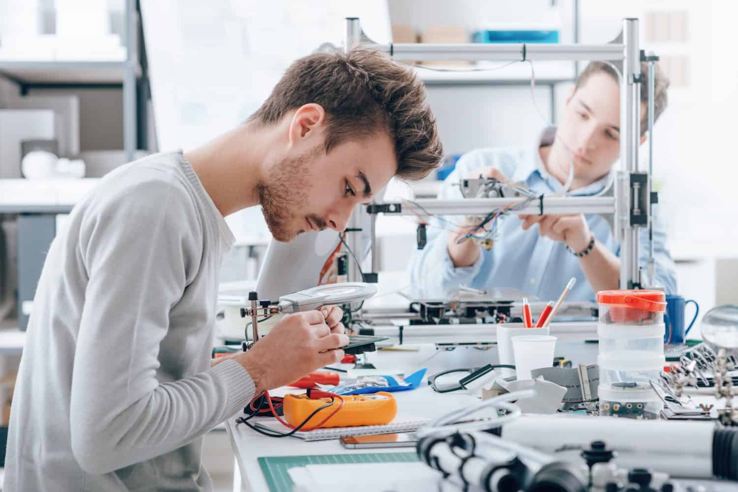 Engineering students working in the lab, a student is using a voltage and current tester, another student in the background is using a 3D printer