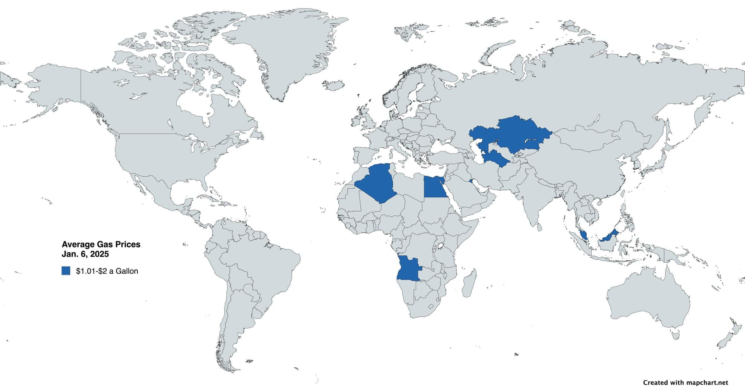 Countries with gas prices $1.01-$2 a gallon as of 1-6-25