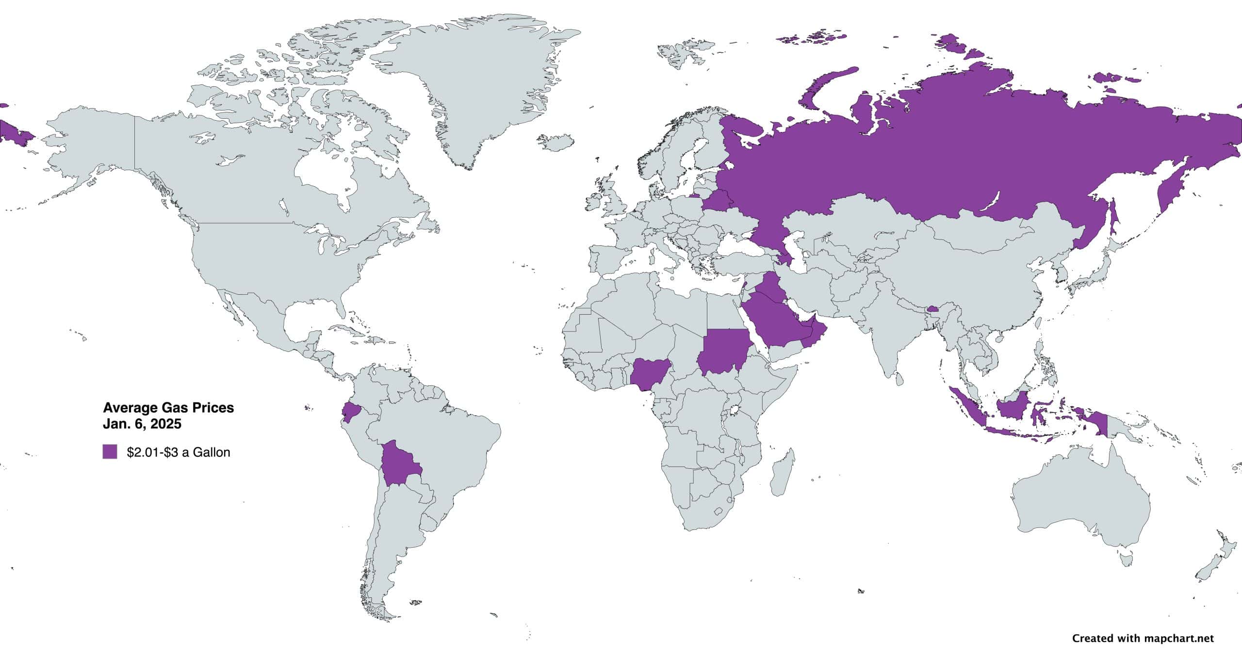 Countries with gas prices $2.01-$3 a gallon as of 1-6-25