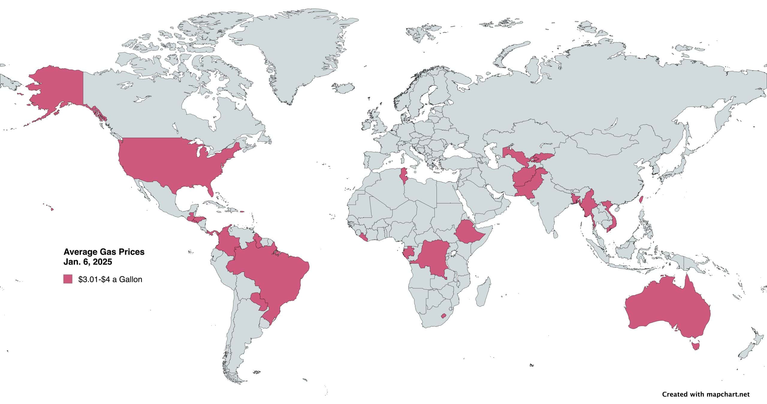 Countries with gas prices $3.01-$4 a gallon as of 1-6-25