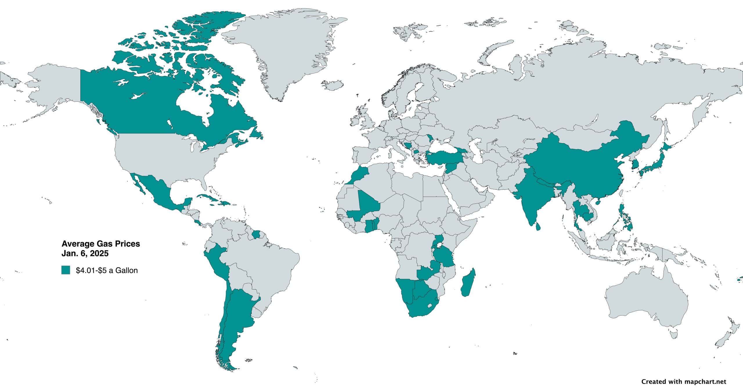 Countries with gas prices $4.01-$5 a gallon as of 1-6-25