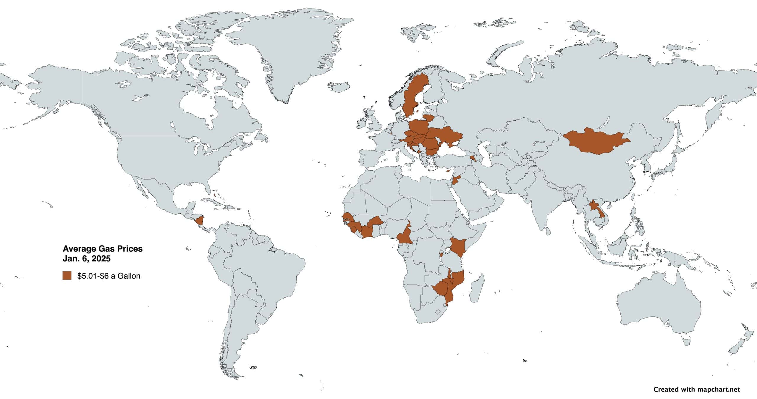 Countries with gas prices $5.01-$6 a gallon as of 1-6-25