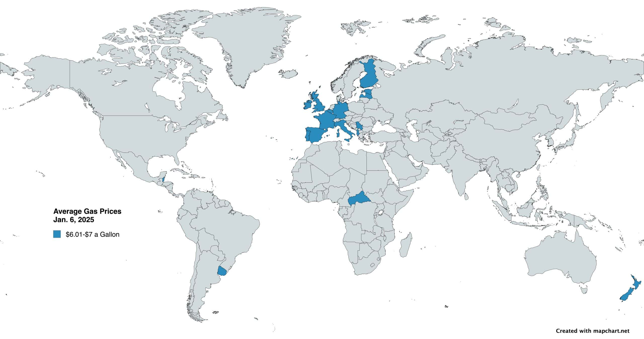 Countries with gas prices $6.01-$7 a gallon as of 1-6-25