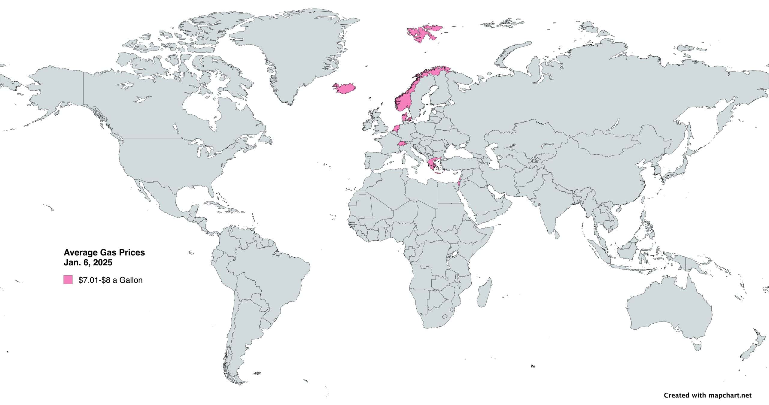 Countries with gas prices $7.01-$8 a gallon as of 1-6-25