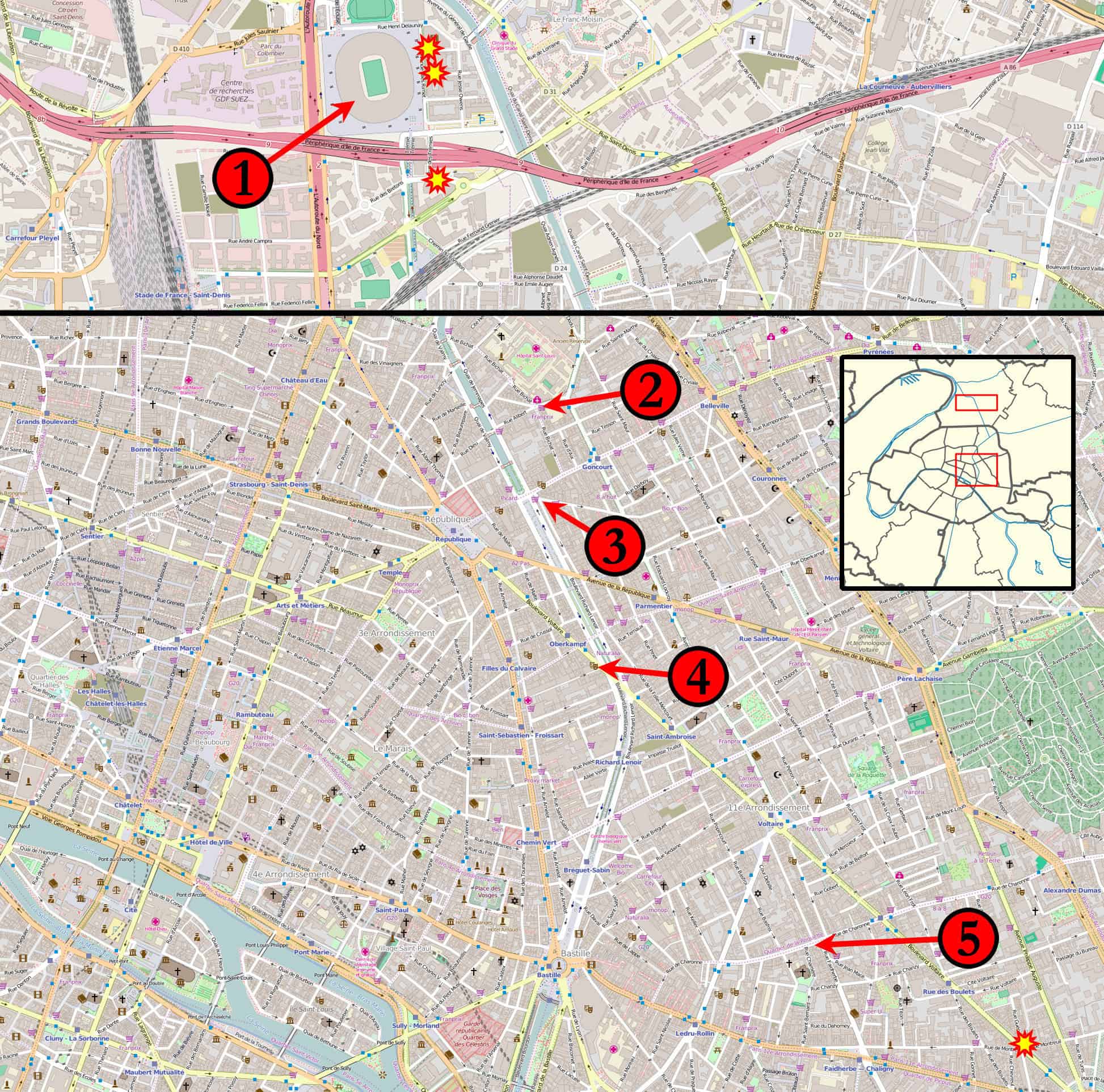 Map of 2015 Paris bombing