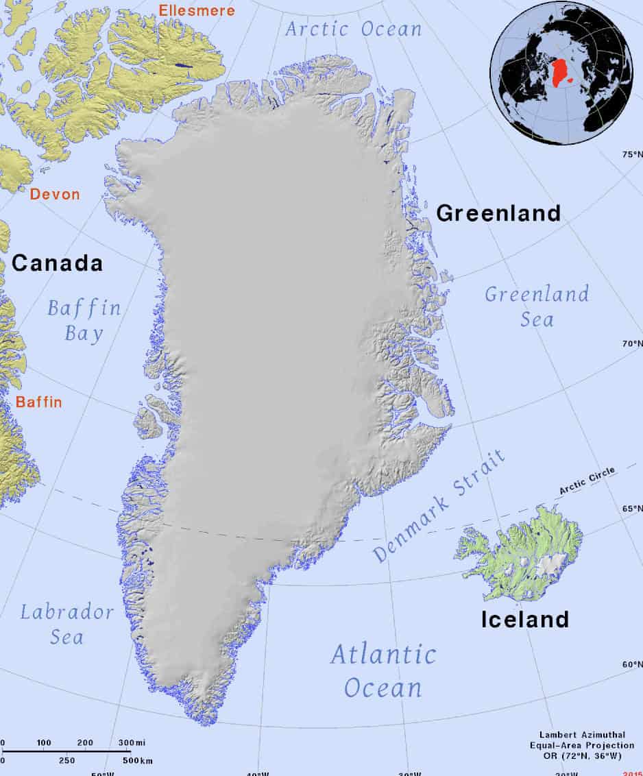 Map of Greenland and Iceland