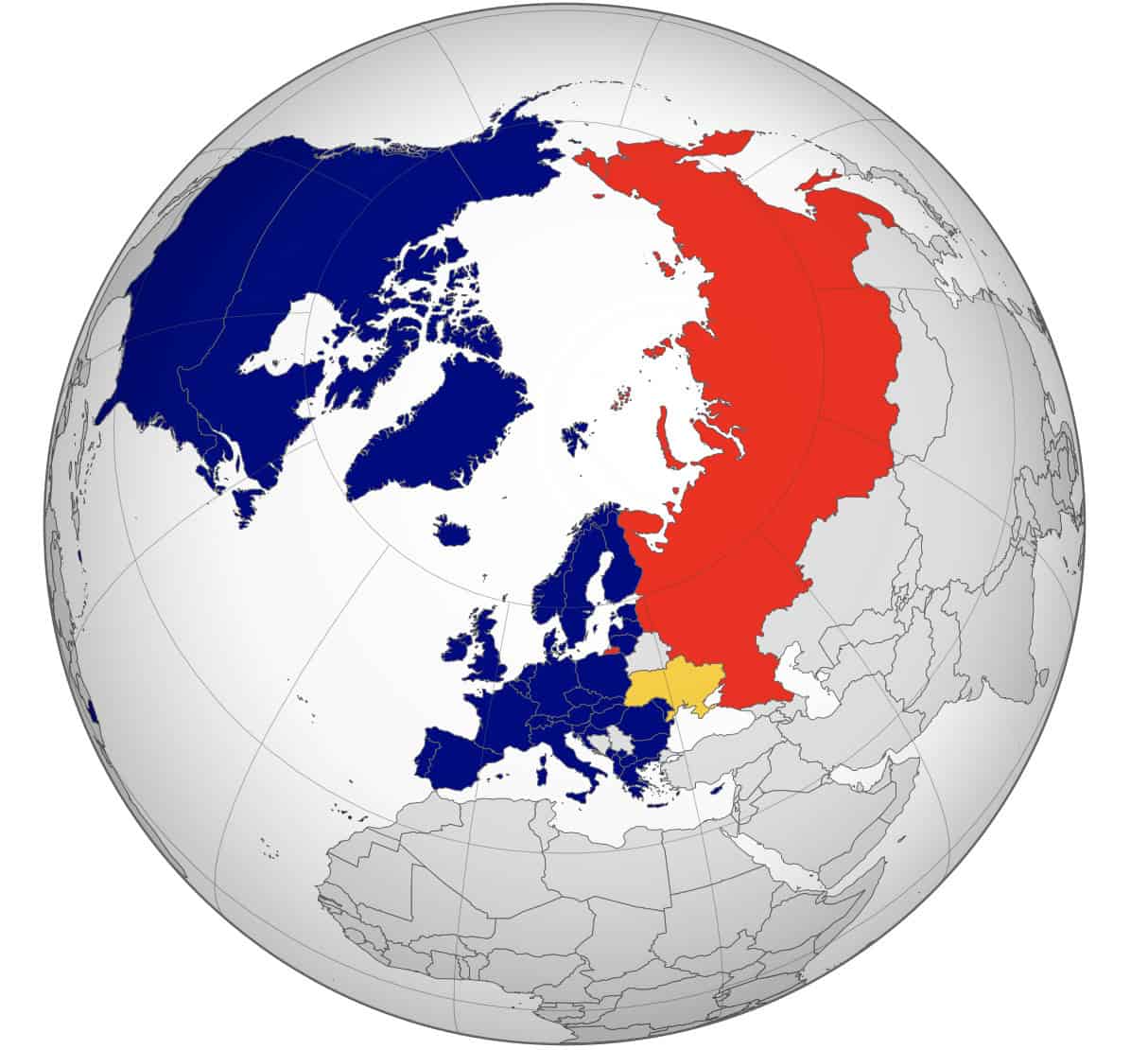 Map of NATO, Russia, and Ukraine, Arctic, north pole perspective