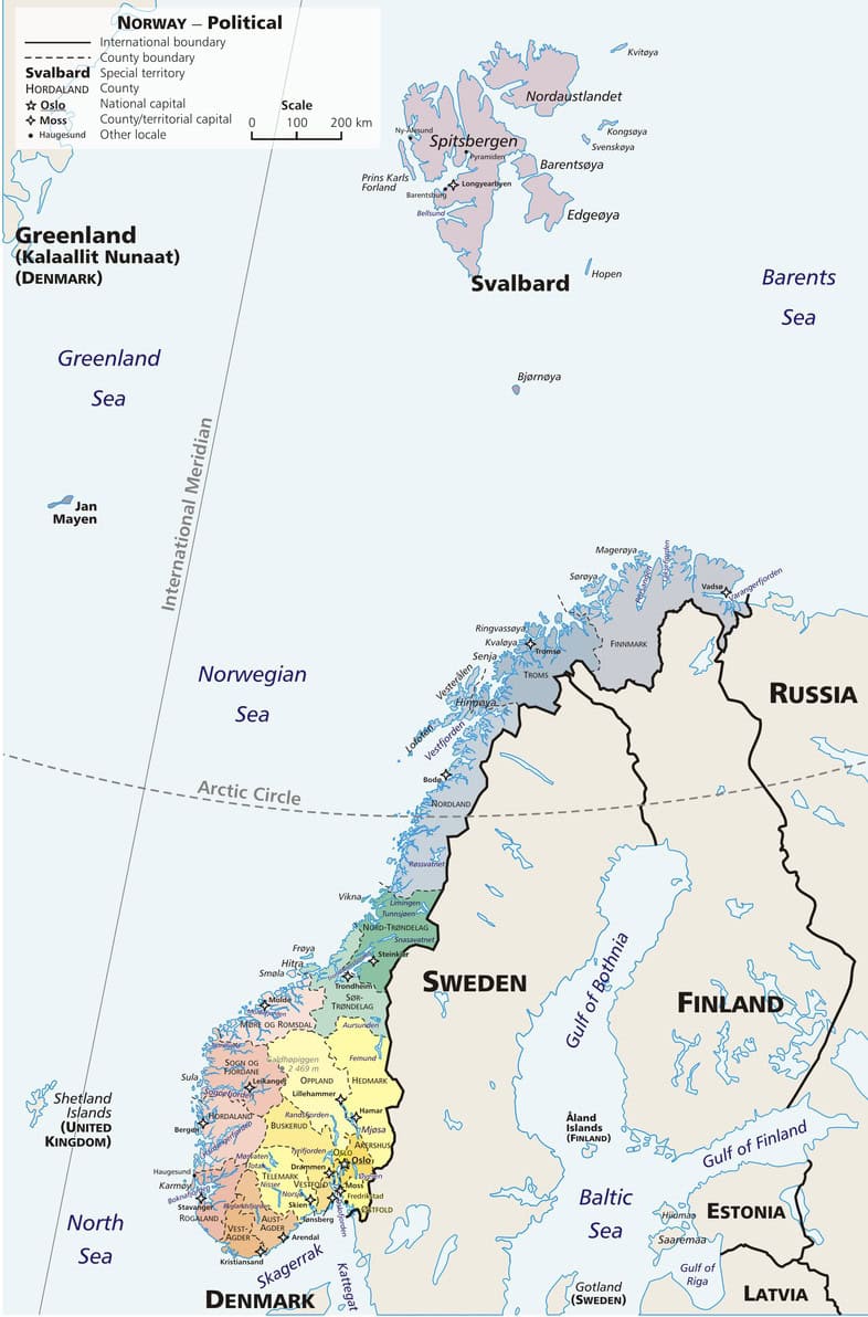 Political map of Norway, including Svalbard