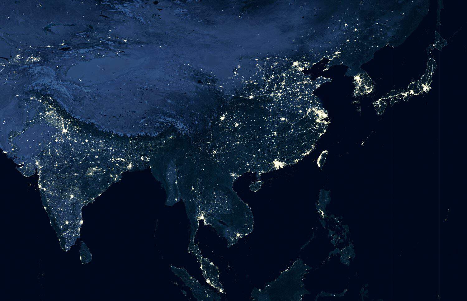 Asia map in satellite picture, view of China, Korea, India, Malaysia, Taiwan from space. Orbit photo of Earth, globe at night. Dark seas and Pacific ocean. Elements of this image furnished by NASA