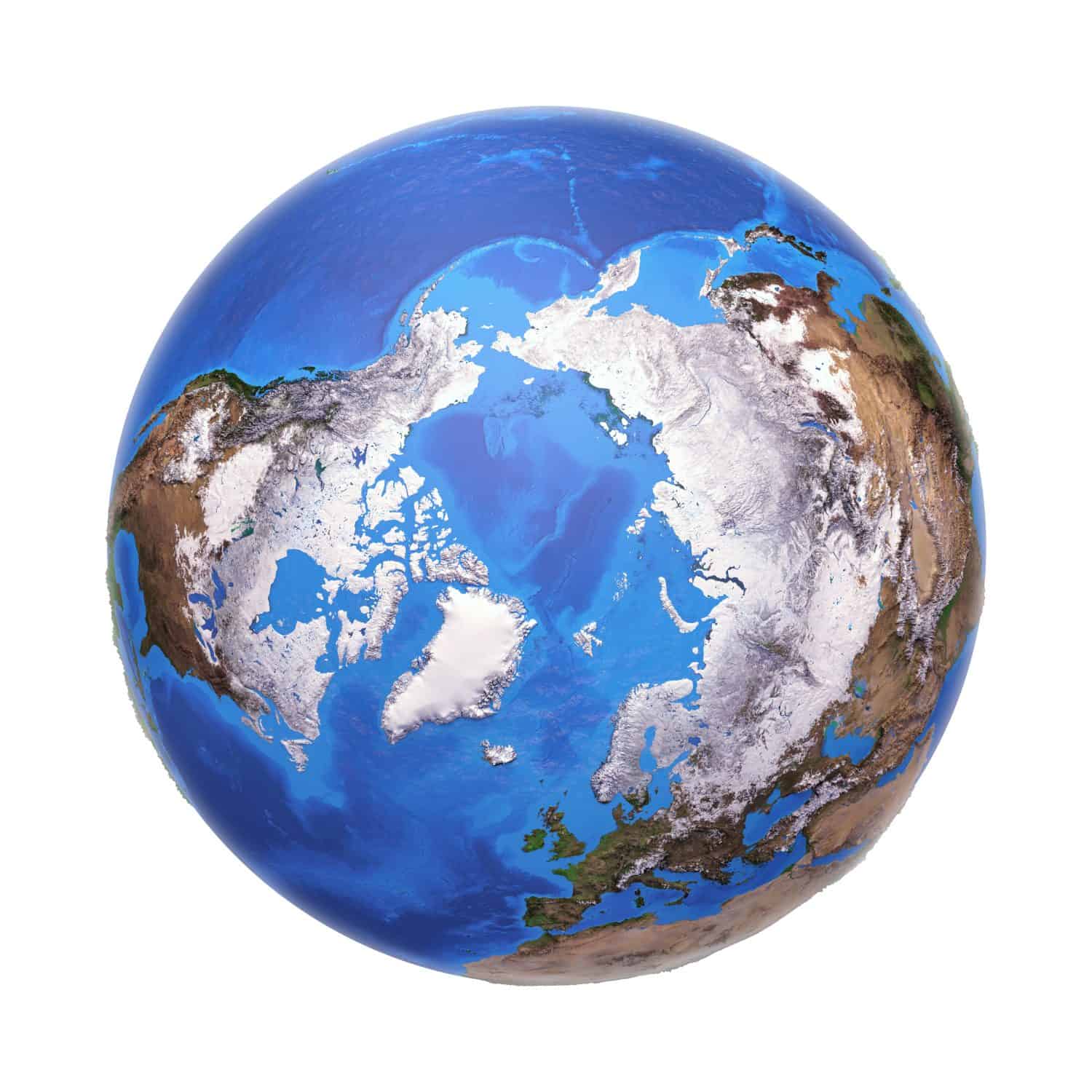 Arctic region viewed from a satellite. Physical map of North Pole in winter, february. 3D illustration of planet Earth isolated on white, with bump effect - Elements of this image furnished by NASA.