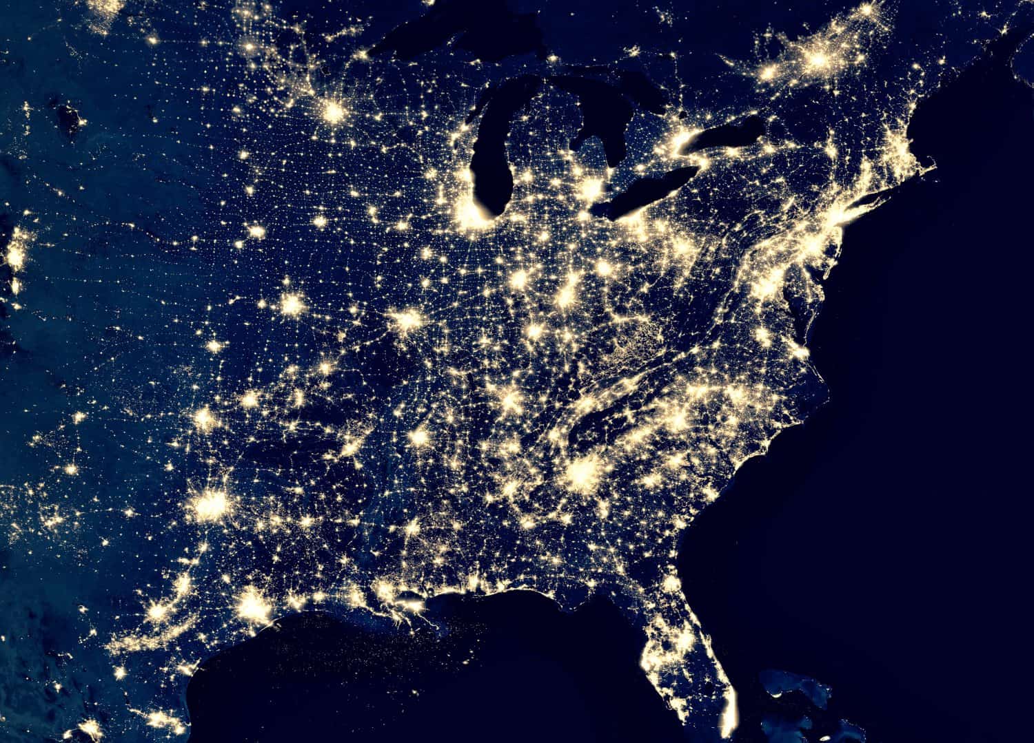 East Coast of United States in satellite picture at night, US map view from space. City lights of USA, Photo of terrain on dark planet. Earth and tech theme. Elements of this image furnished by NASA.