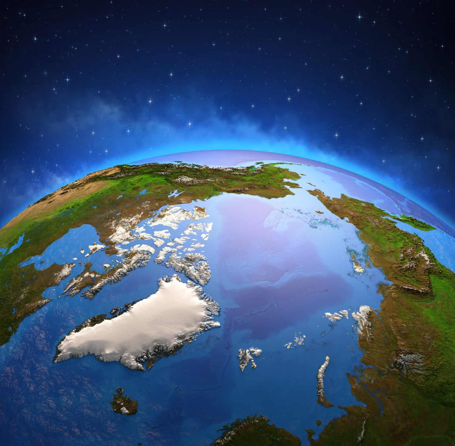 Surface of Planet Earth viewed from a satellite, focused on North Pole and Arctic Ocean. Ice melting and global warming on Greenland. 3D illustration - Elements of this image furnished by NASA.