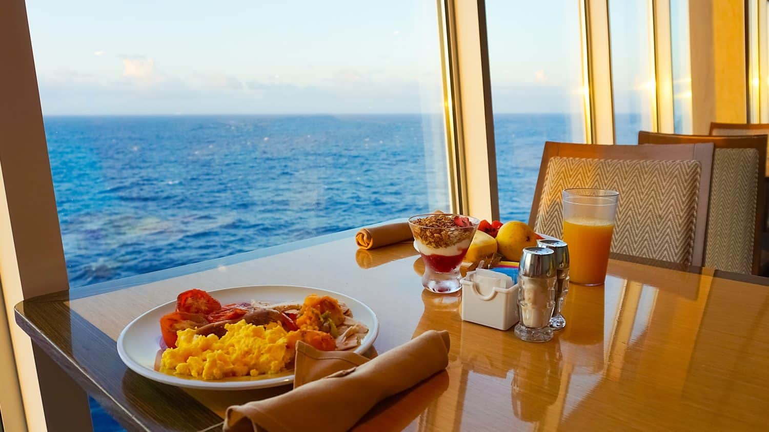 Dining Room Buffet aboard the abstract luxury cruise ship. Healthy breakfast at modern liner concept