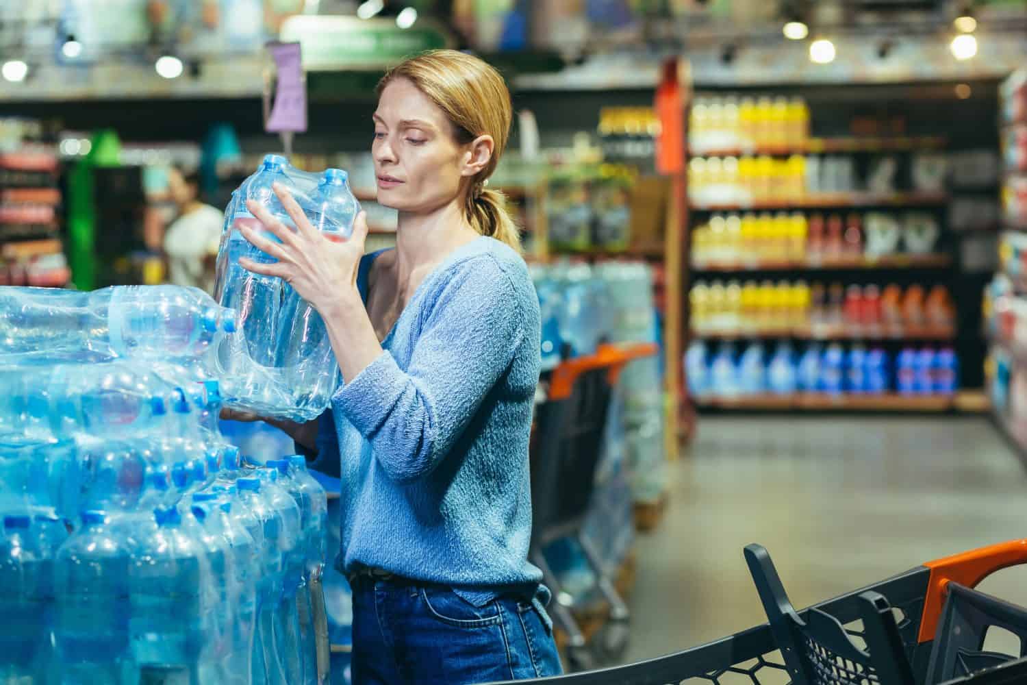 A woman buys pallets of water in a supermarket. Packs it in a cart. Panic during a pandemic