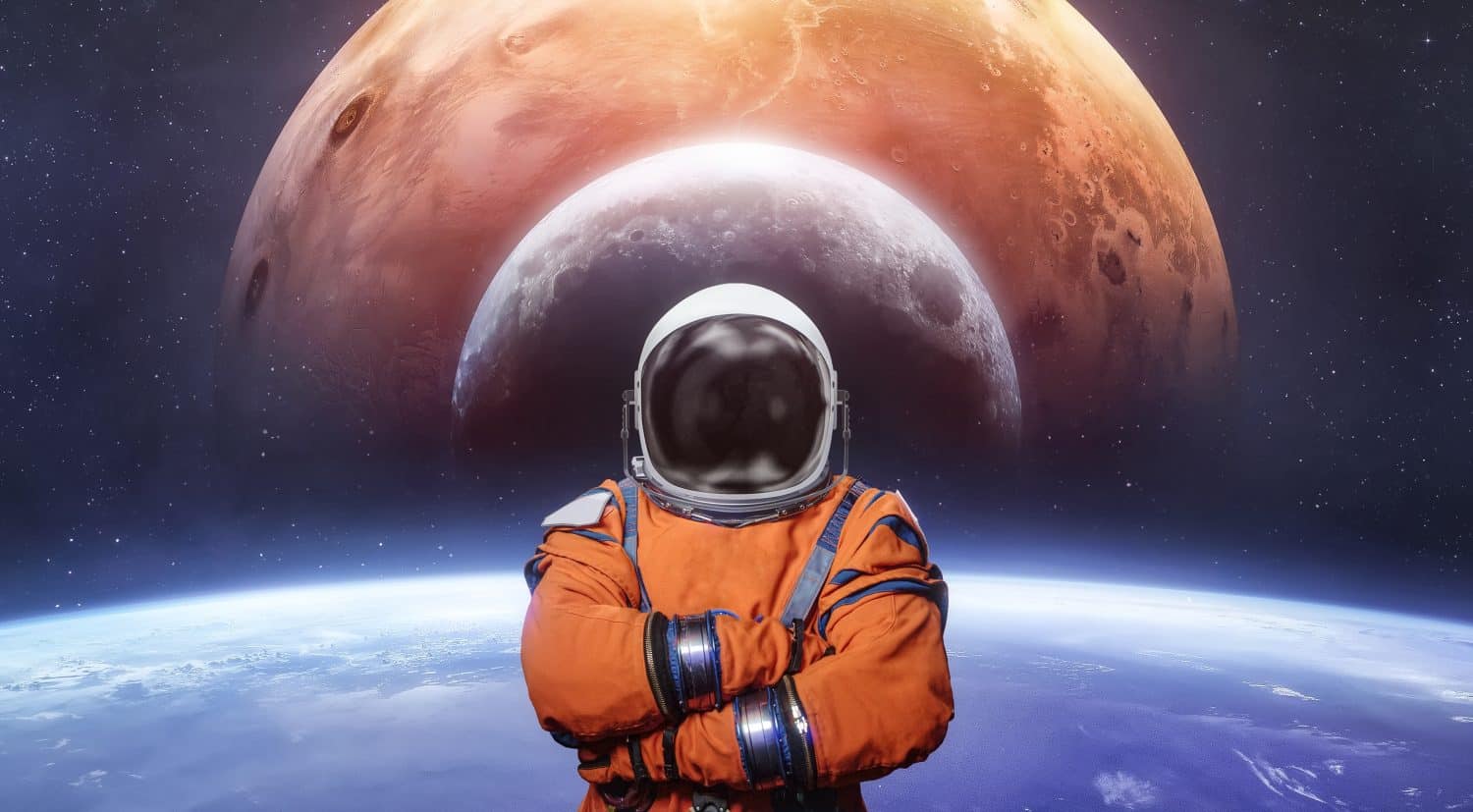 Sci-fi collage with astronaut, Earth, Mars planet and Moon. Spaceman on near Earth. Future space missions. Elements of this image furnished by NASA