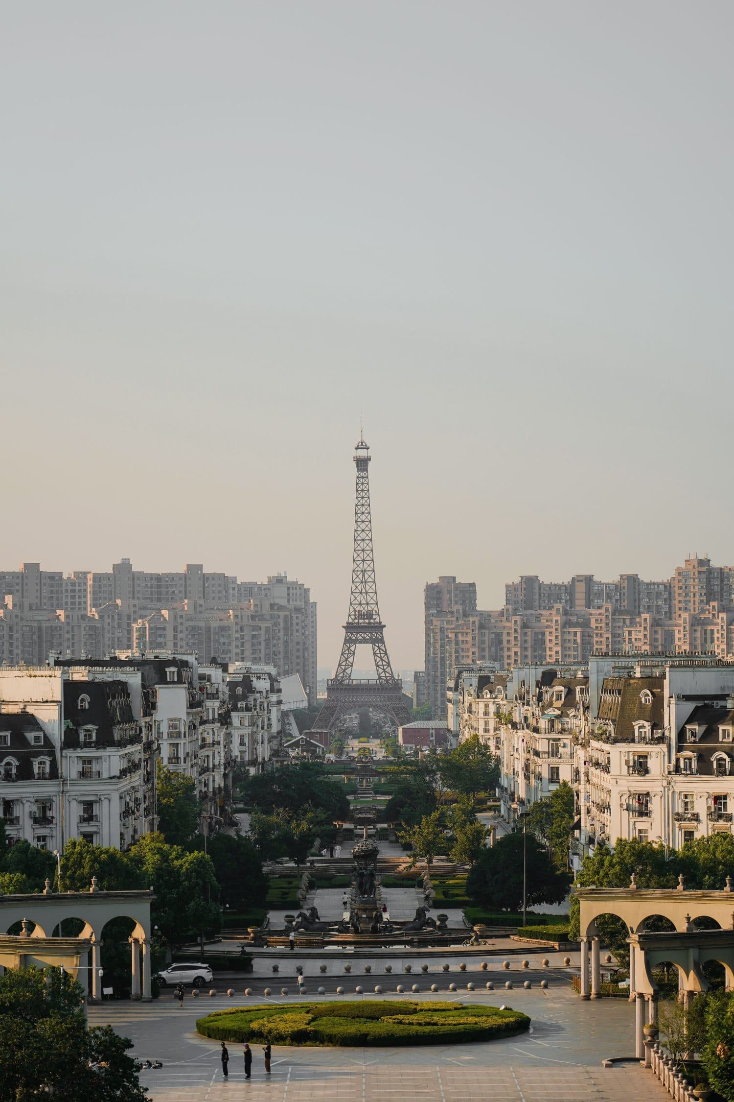 A vertical aerial of the imitation of the Eiffel tower in Tianducheng, China