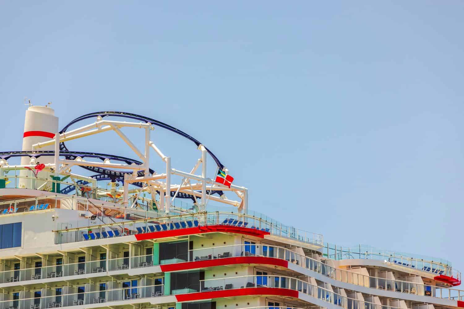 View of a roller coaster ride on the top deck of a cruise ship. Curacao.