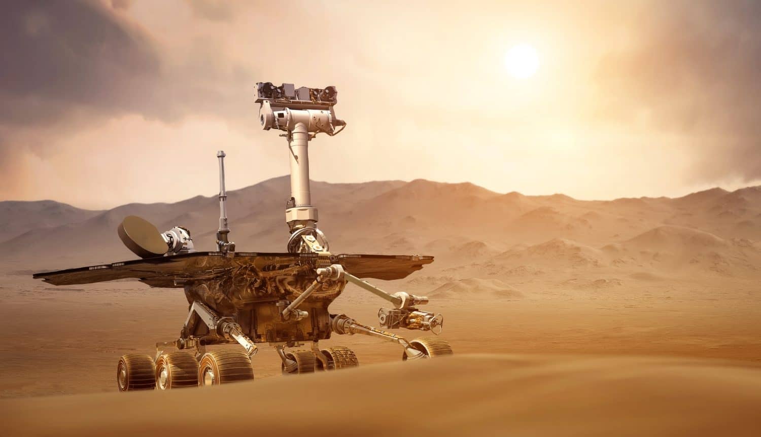 Martian rover on surface of red planet. Mars exploration. Mars rover on sand with red sky and sun. Solar system expedition. Not AI content. Elements of this image furnished by NASA