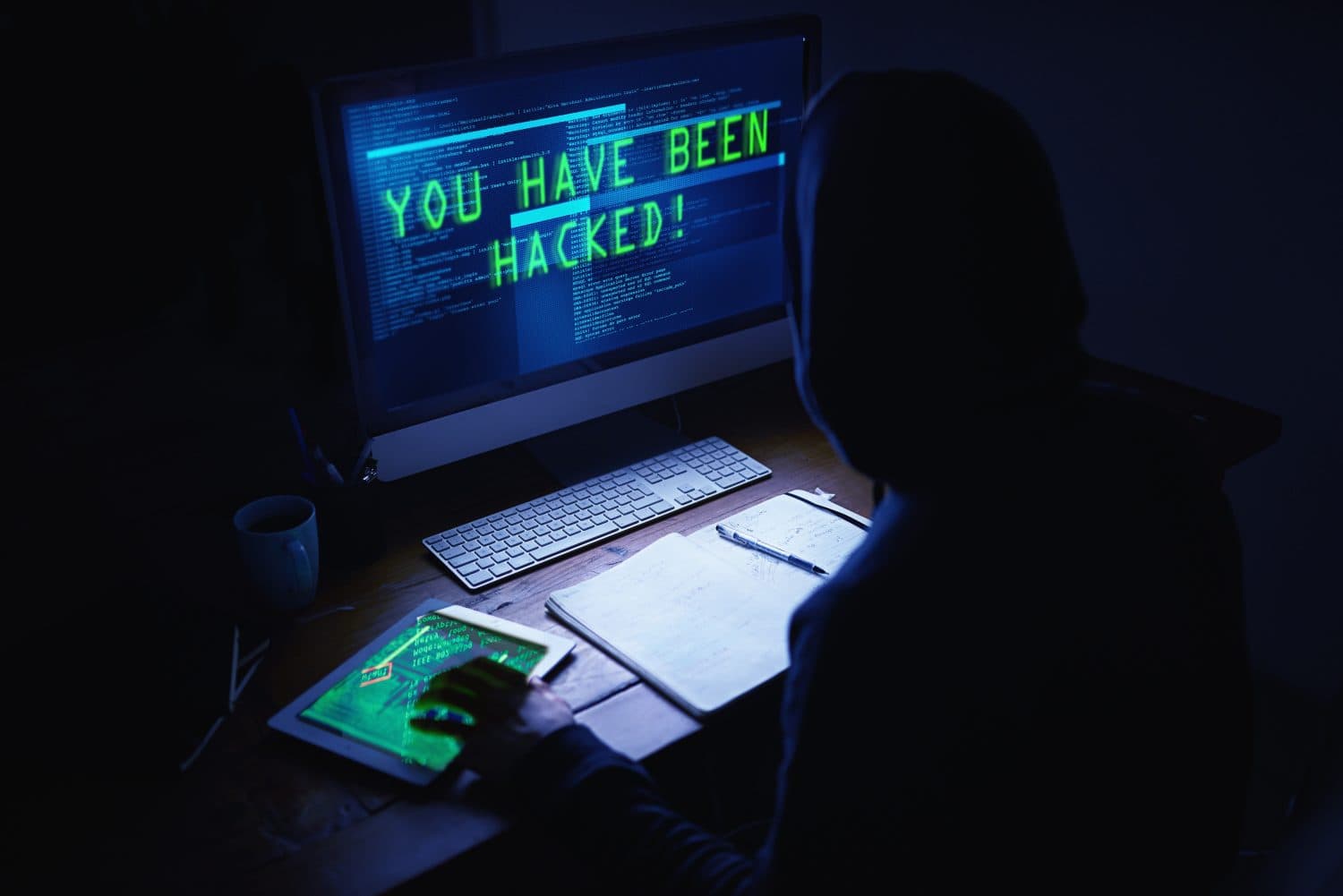 Dark, hacker and computer with malware screen for cybersecurity, virus or ransomware for erp system. Monitor, spy and hacking website for government espionage, surveillance and internet scam at night