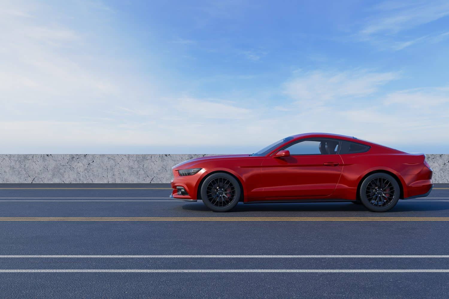 Luxury Ford car 3D render in the road with lines, blue sky background, Realistic car Red color