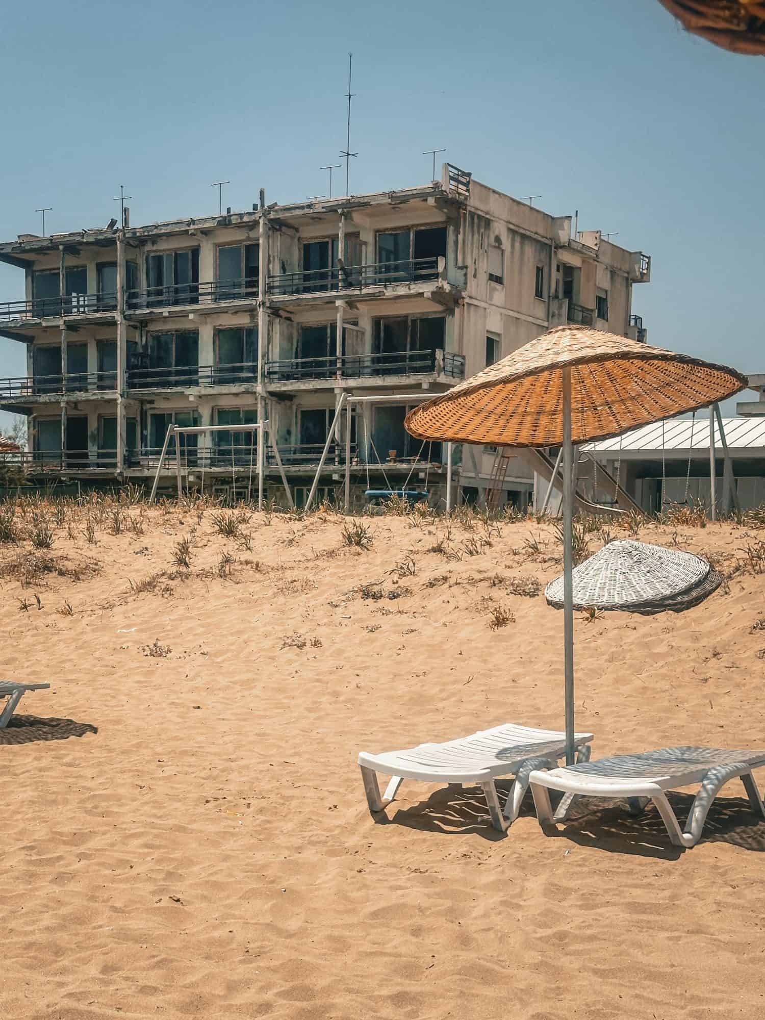 Varosha also known as &quot;Kapalı Maraş&quot; in Cyprus, ghost town, abandoned city. Abandoned building on the beach of Varosha, Famagusta, Cyprus.