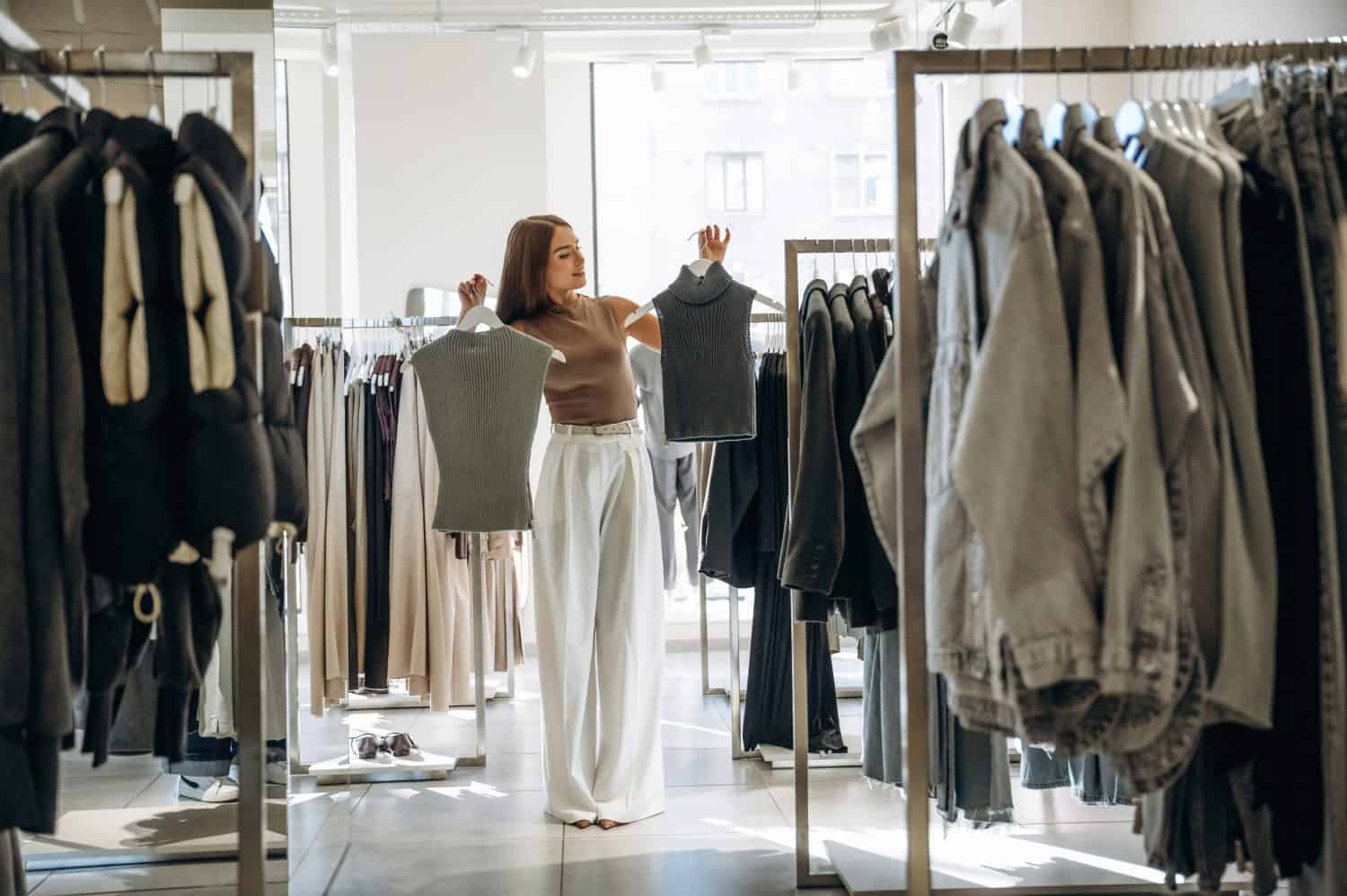 Front view, holding wear. Woman chooses clothes in retail store.