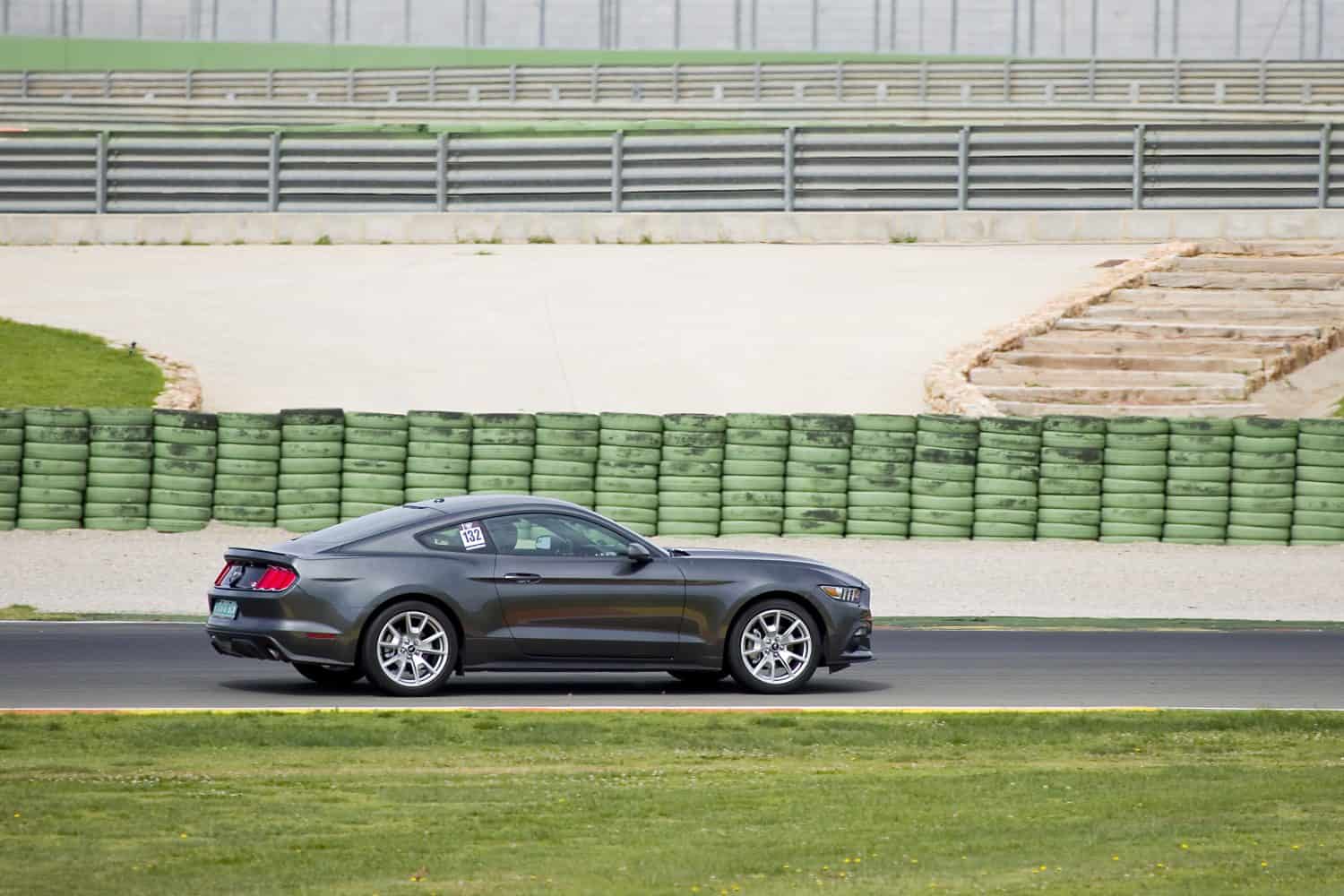 VALENCIA, SPAIN - APRIL 25: A grey 2015 Ford Mustang take part in American Fest weekend organizated in circuit Ricardo Tormo, on April 25, 2015, in Cheste, Valencia, Spain.