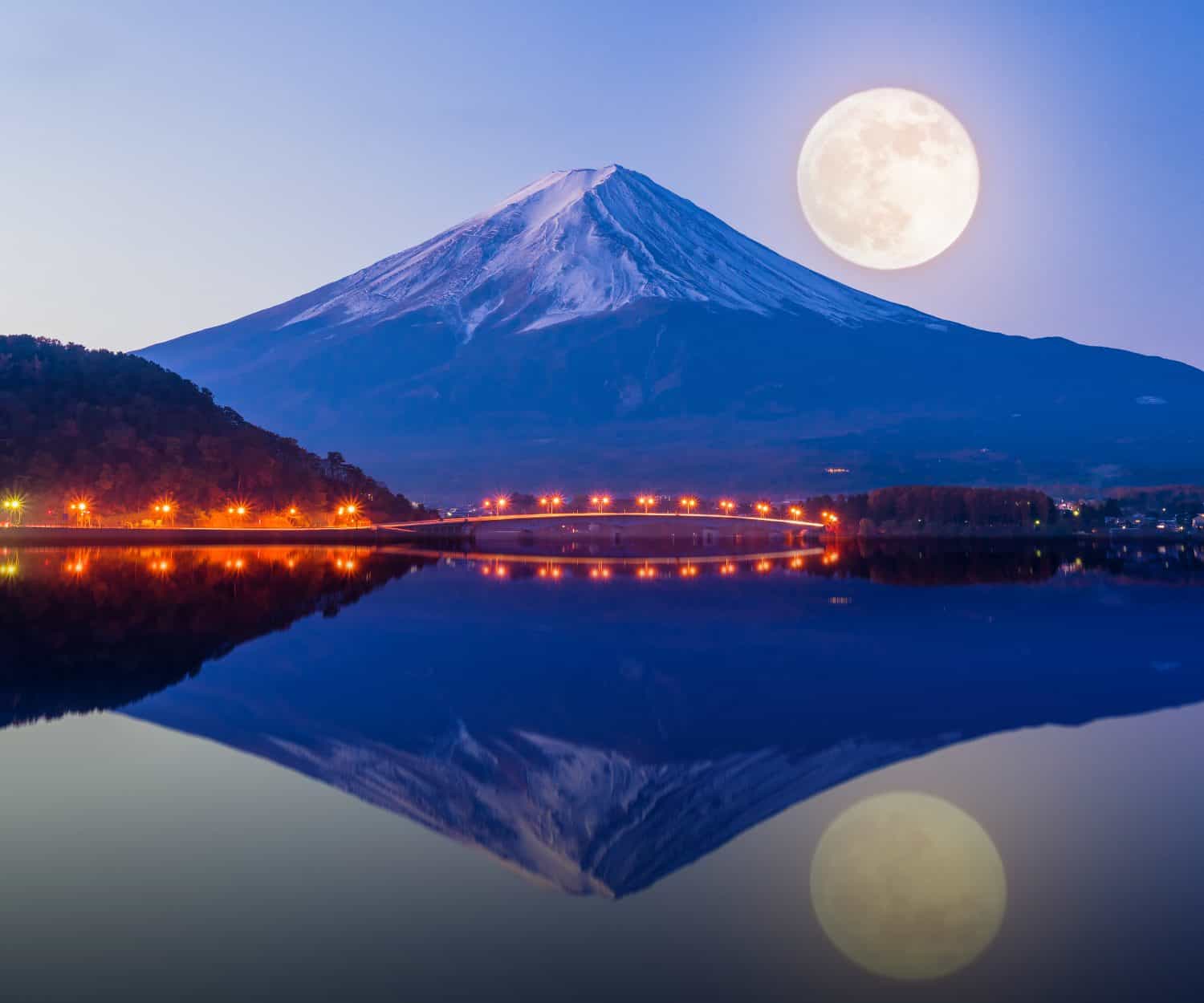 Beautiful mt Fuji in twilight ,full moon