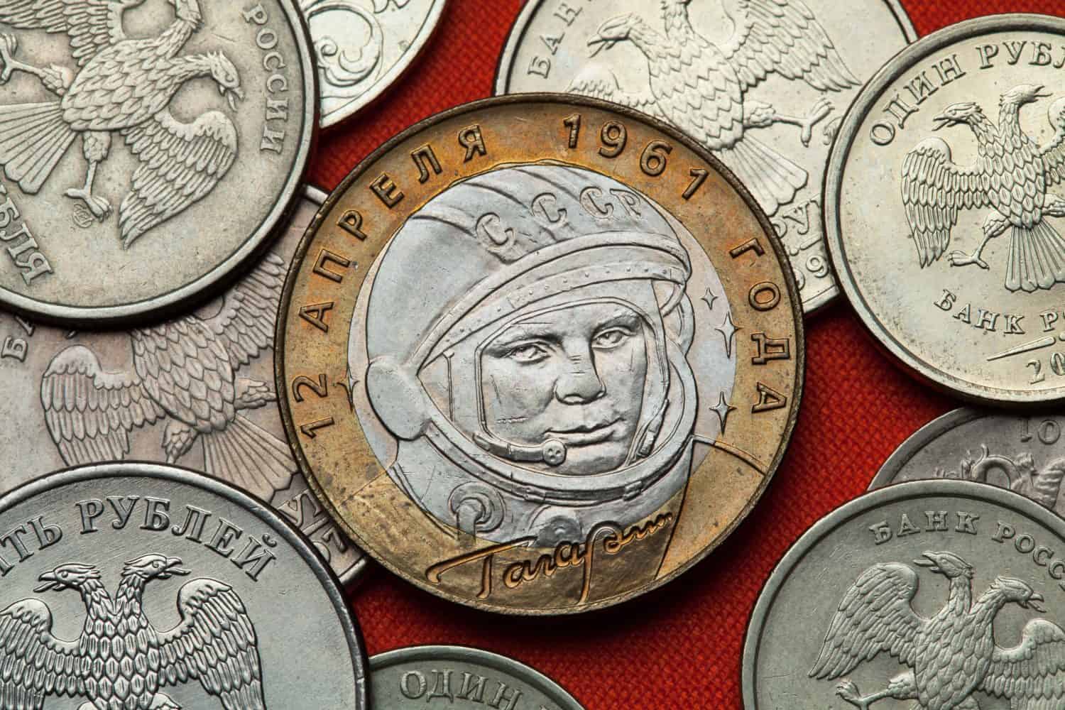 Coins of Russia. First Soviet cosmonaut Yuri Gagarin depicted in the Russian commemorative 10 ruble coin.