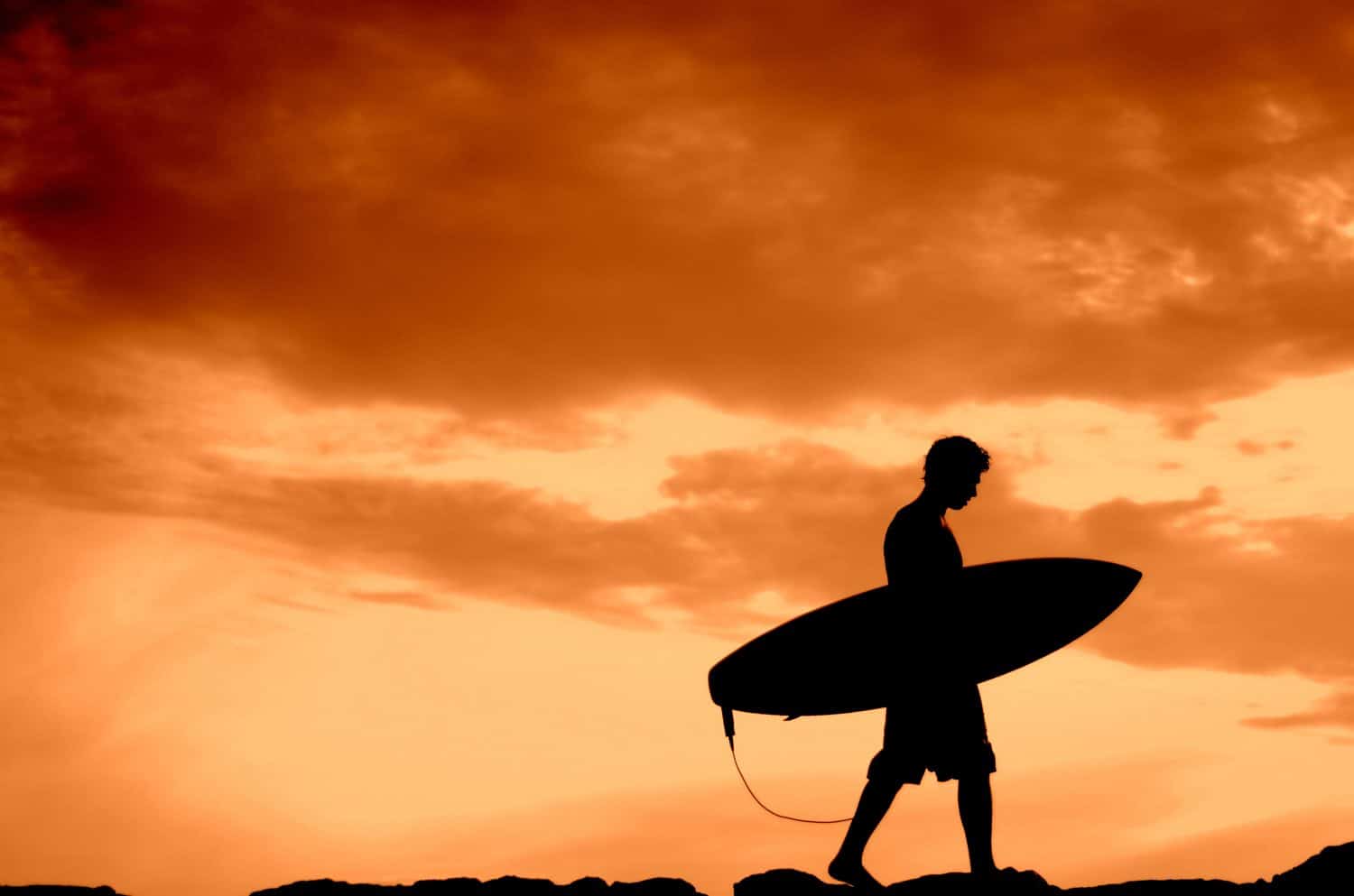 Vacation Silhouette Of A Surfer Carrying His Board Home At Sunset With Copy Space