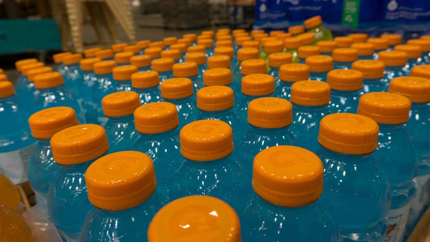 SanBruno,CA August 12 2018:Blue Gatorade bottles stacked on a pallet at a warehouse