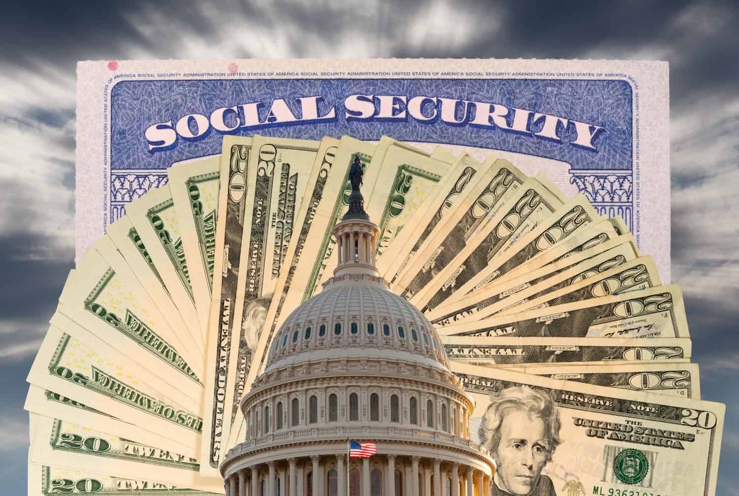 US Congress and Capitol in Washington DC with cash and social security card to illustrate budget problems as a result of coronavirus