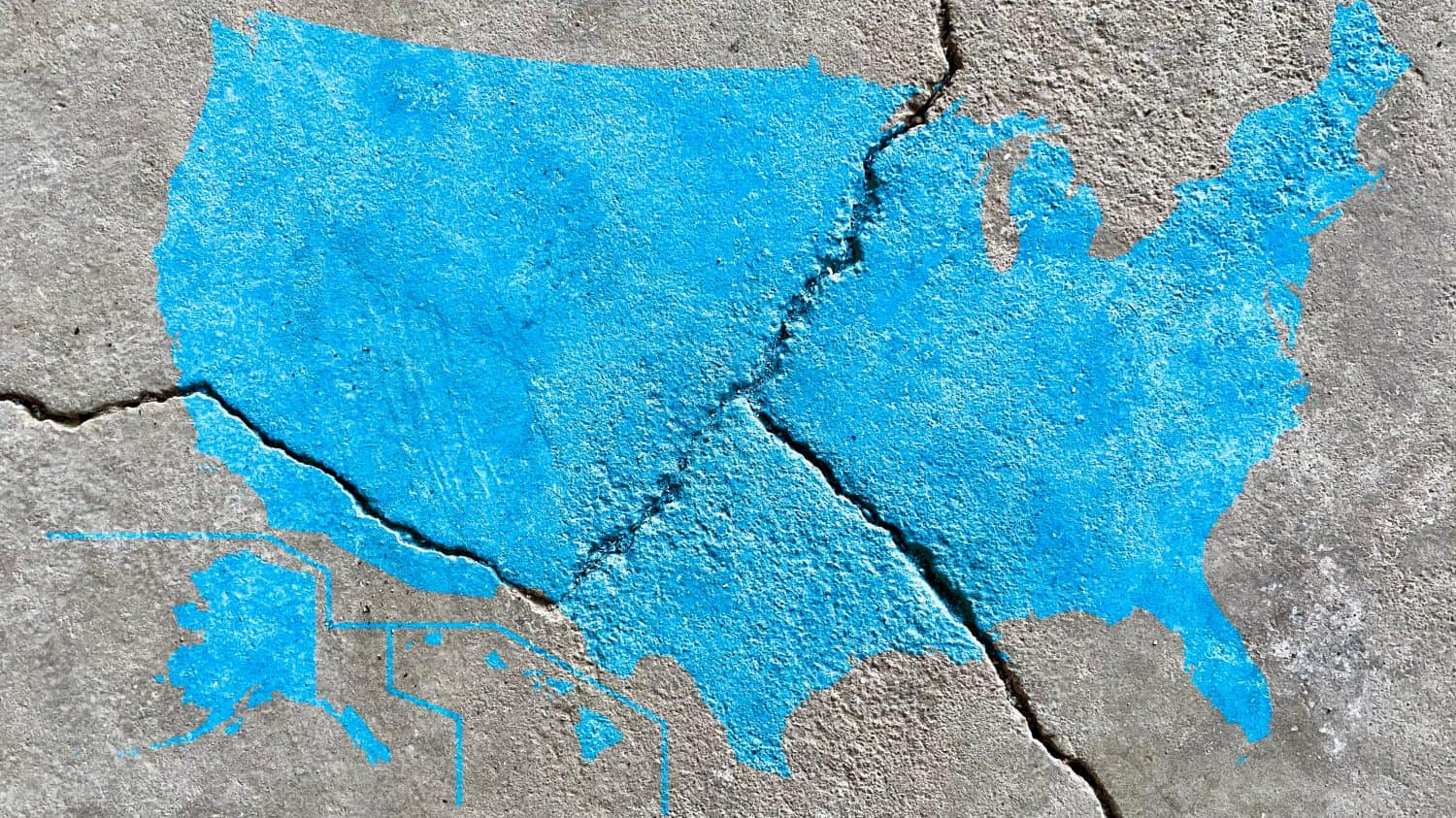 USA map icon painted on weathered broken cement wall with cracks, abstract American politics conflict concept background