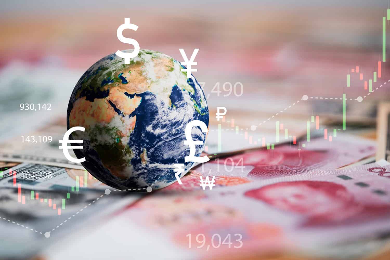 World on international banknotes with currency sign include dollar euro yen yuan pound sterling for money transfer and trade forex concept ,Element of this image from NASA and 3d render.