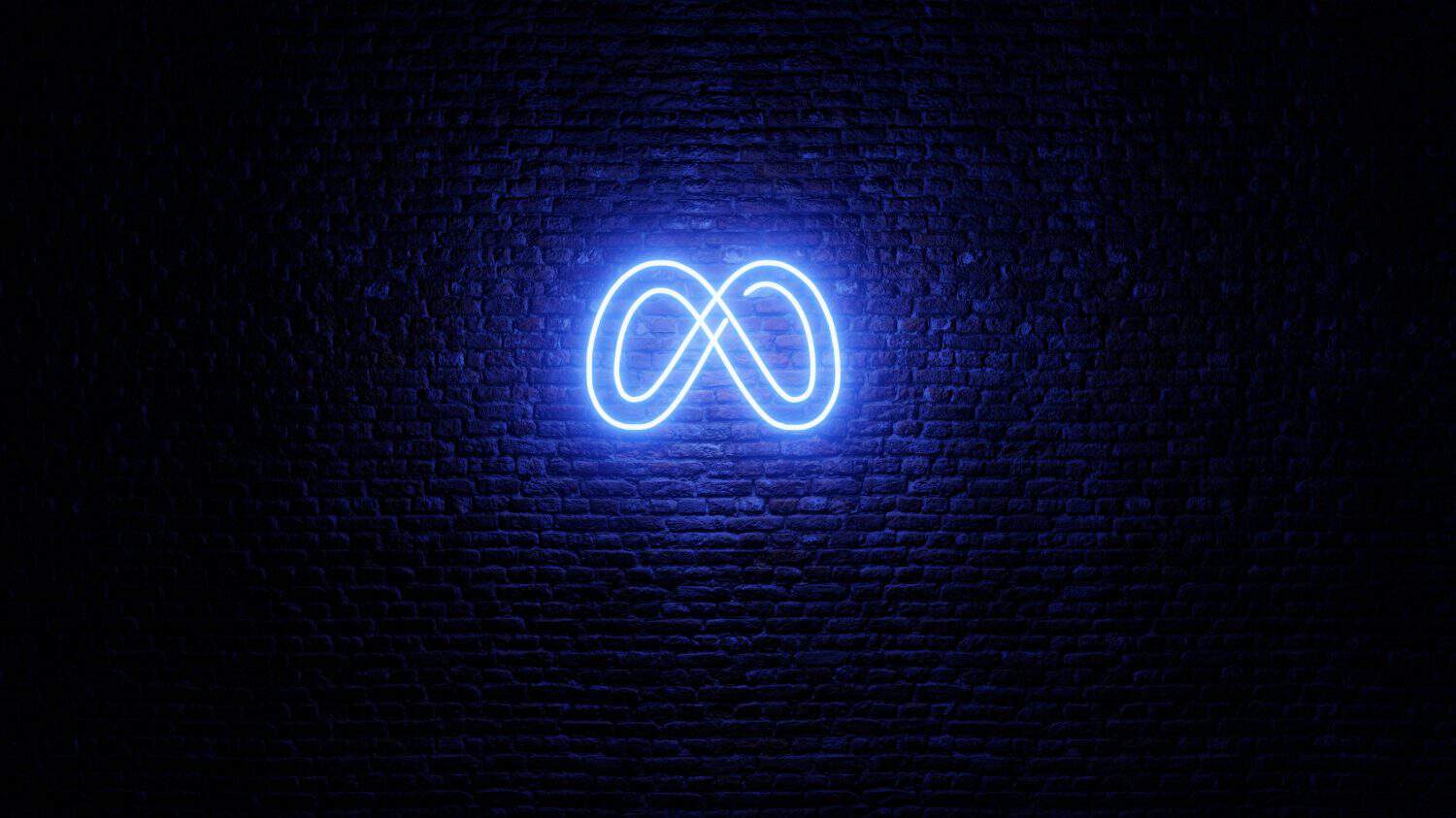 Neon Meta logo with brick wall background. Shiny neon meta logo in dark area. Facebook new logo. Neon meta icon.