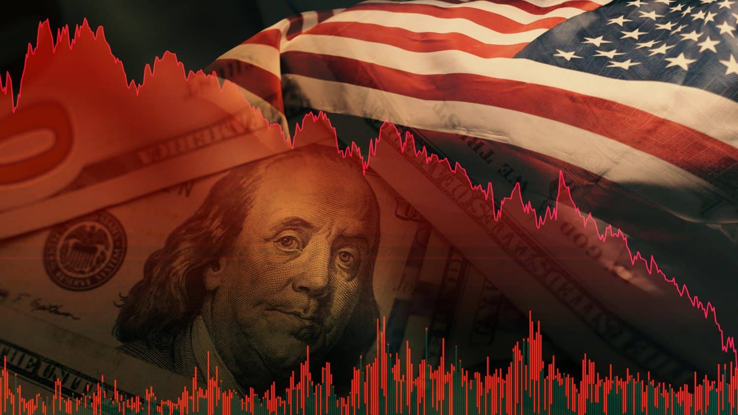 Stock market trading graph in red color economy. usa flag dollar bill background. Trading trends and economic development. Effect of recession on US economy. Stock crash market exchange loss trading