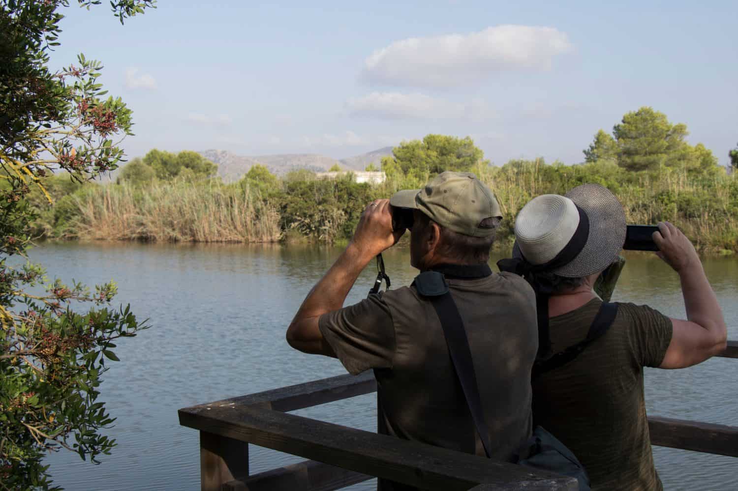 A couple of ornithologists trying to spot some birds in the Natural Park of S&#039;Albufera, Mallorca.