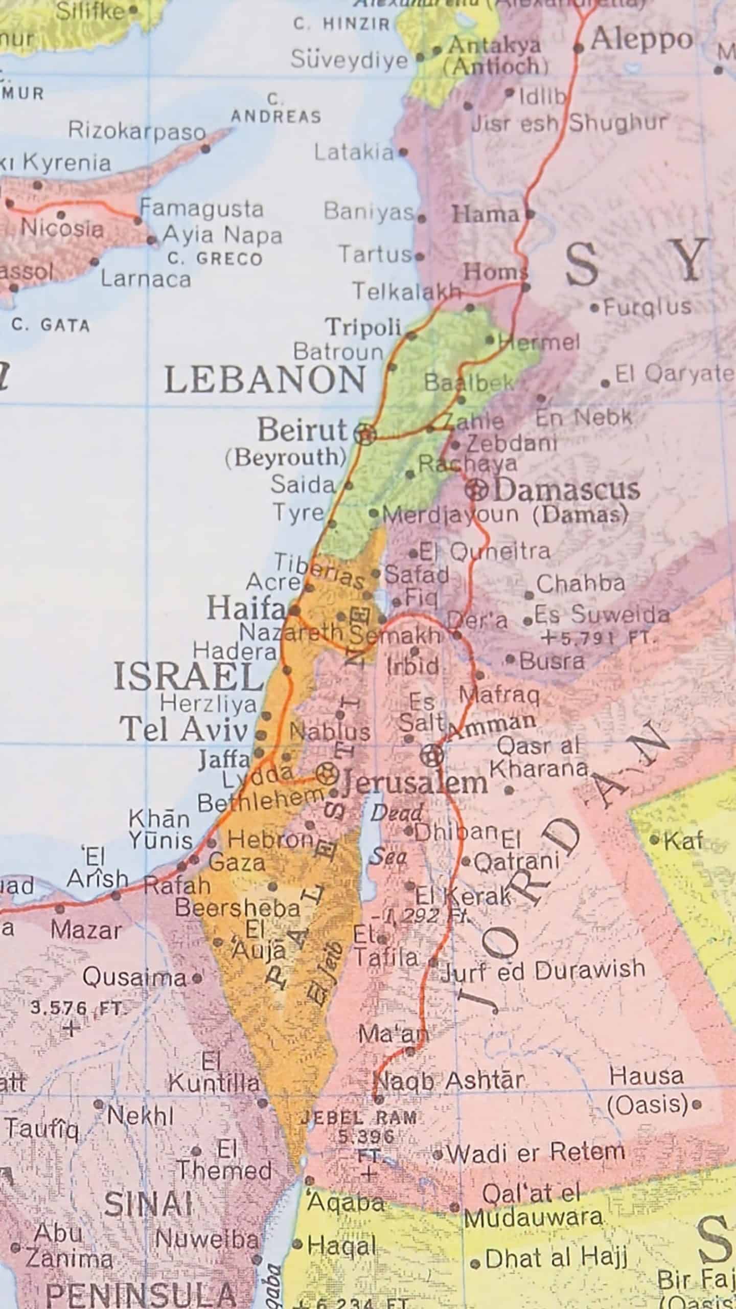 View of Israel and Palestine on Vintage 1955 Atlas Map.