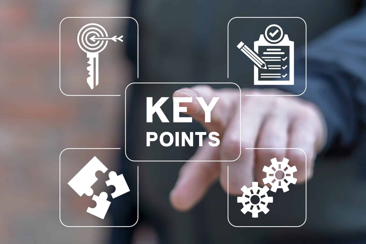 Businessman using virtual touch interface presses inscription: KEY POINTS. Key points of an issue in business or education.