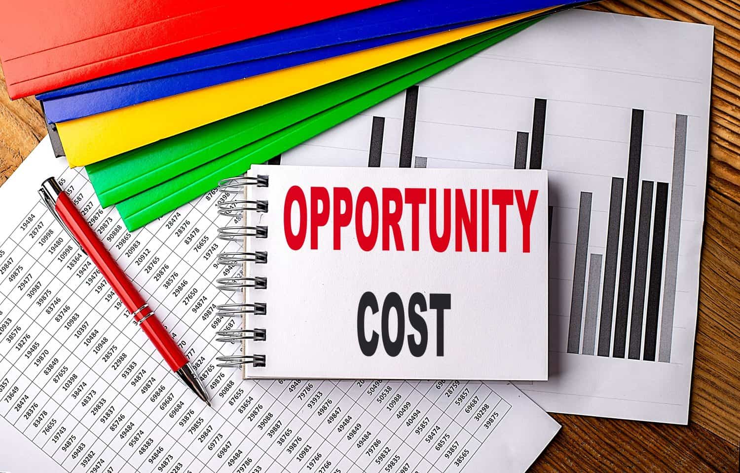 OPPORTUNITY COST text on notebook with pen, folder on a chart background